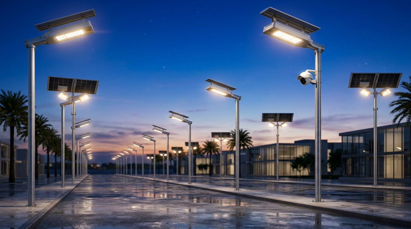 Smart street lighting along a precinct boulevard at dusk